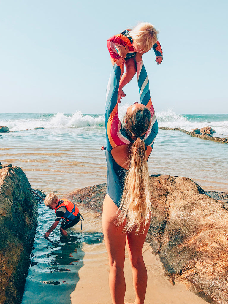 Retro Wave Open-Back Long Sleeve Swimsuit