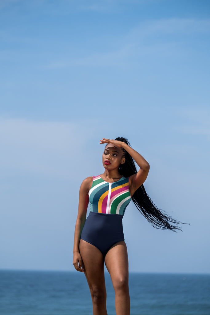 Retro Wave Front-Zip One Piece Swimsuit